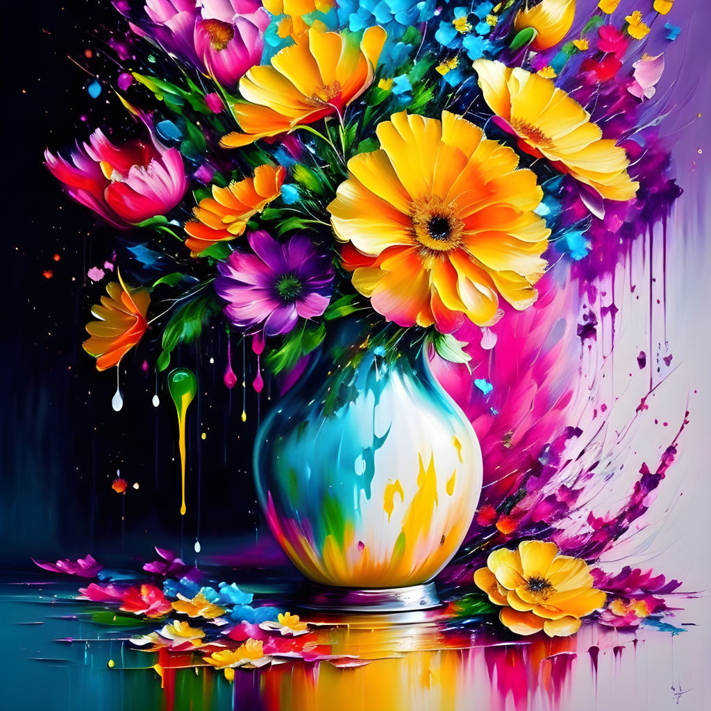 Colorful Flower Vase Painting with Dripping Paint on Glossy Surface