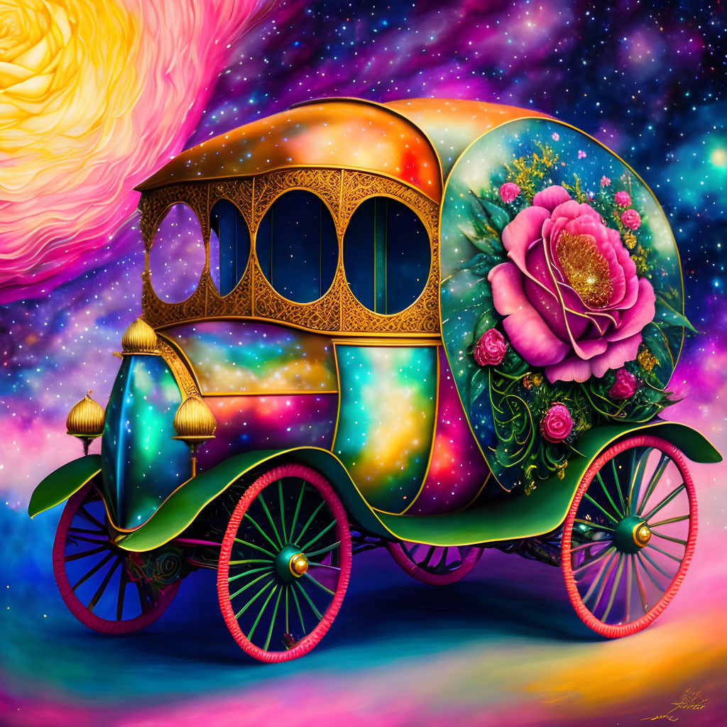 Cosmic-themed digital artwork: Vibrant carriage with pink rose on nebula background