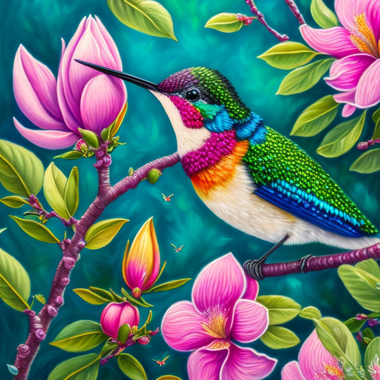 Colorful Hummingbird Perched on Branch with Pink Blossoms