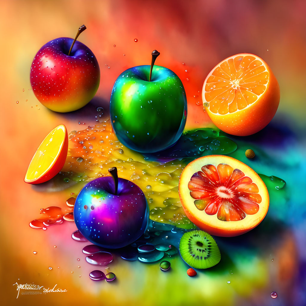 Colorful Fruit Still Life with Water Droplets on Reflective Surface