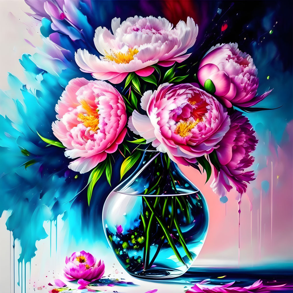 Colorful digital art of pink peonies in clear vase with abstract blue and magenta background.