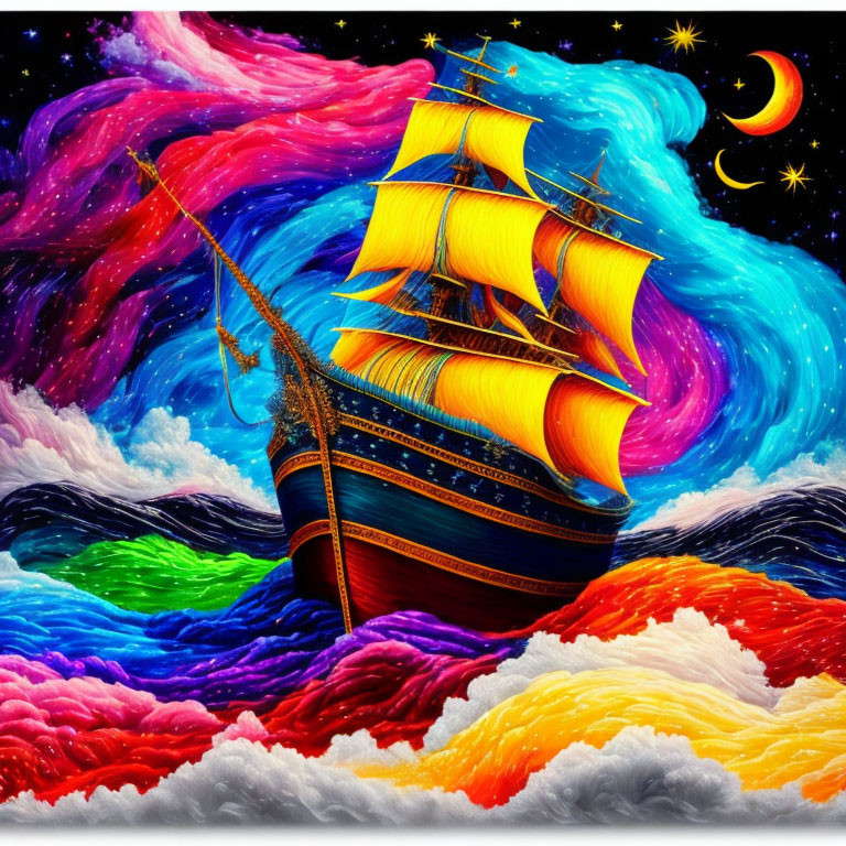 Colorful traditional sailing ship with golden sails in cosmic sky.