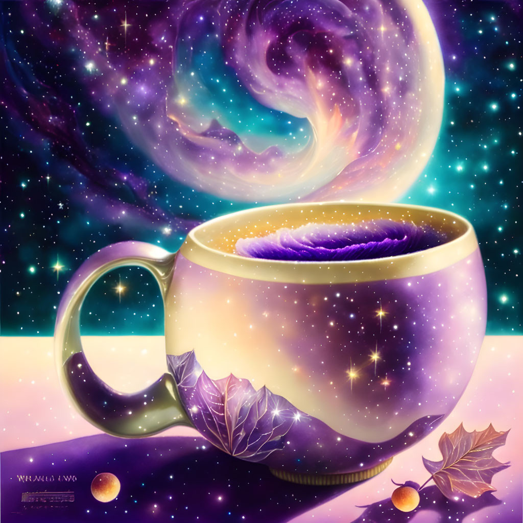 Illustration of Cup with Galaxy Swirl, Stars, Leaves, and Planets