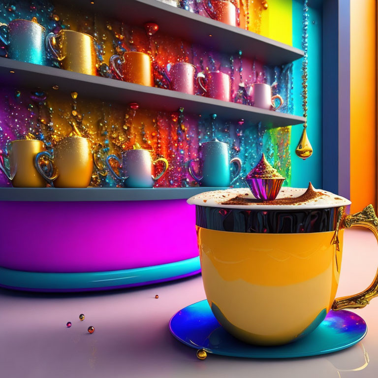 Colorful shelves with mugs and large cup on saucer against gradient backdrop