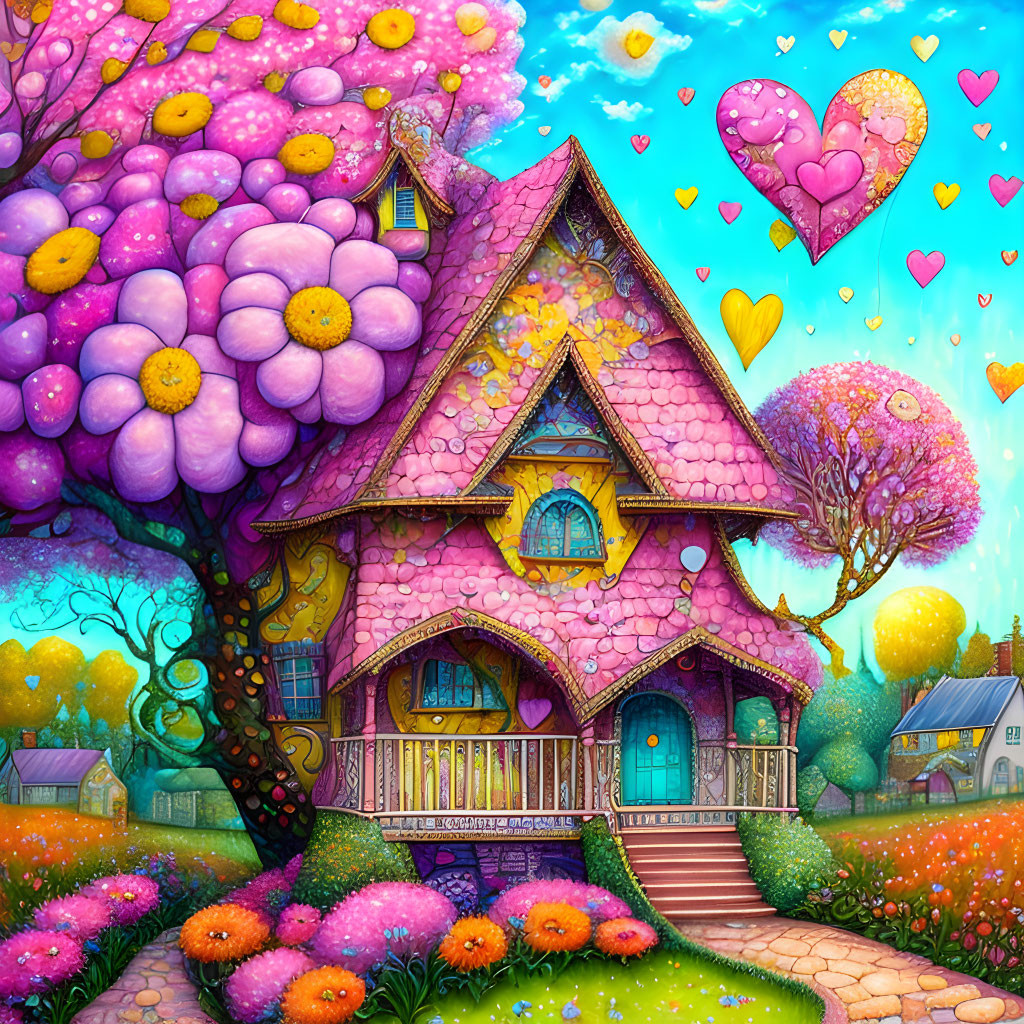 Fantasy cottage illustration with pink roof and vibrant surroundings