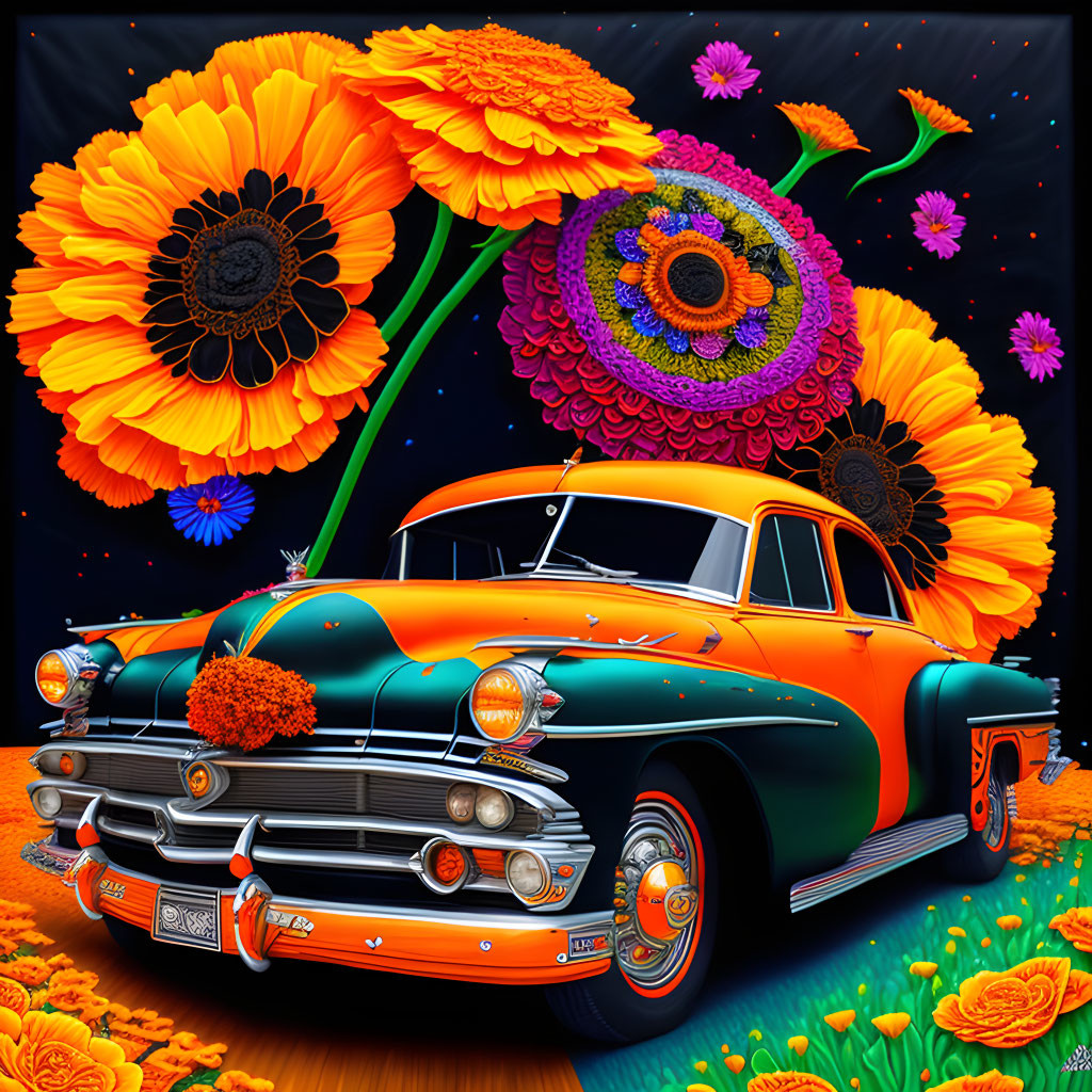 Colorful classic car illustration with oversized flowers on starry backdrop