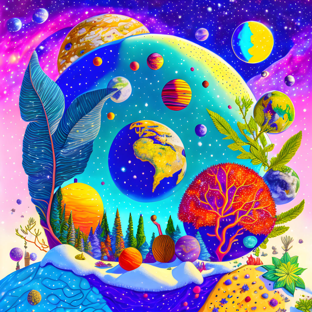 Colorful Cosmic Scene with Whimsical Planets and Nature Elements