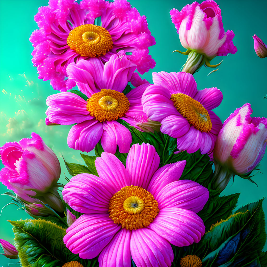 Bright pink gerbera daisies on teal background