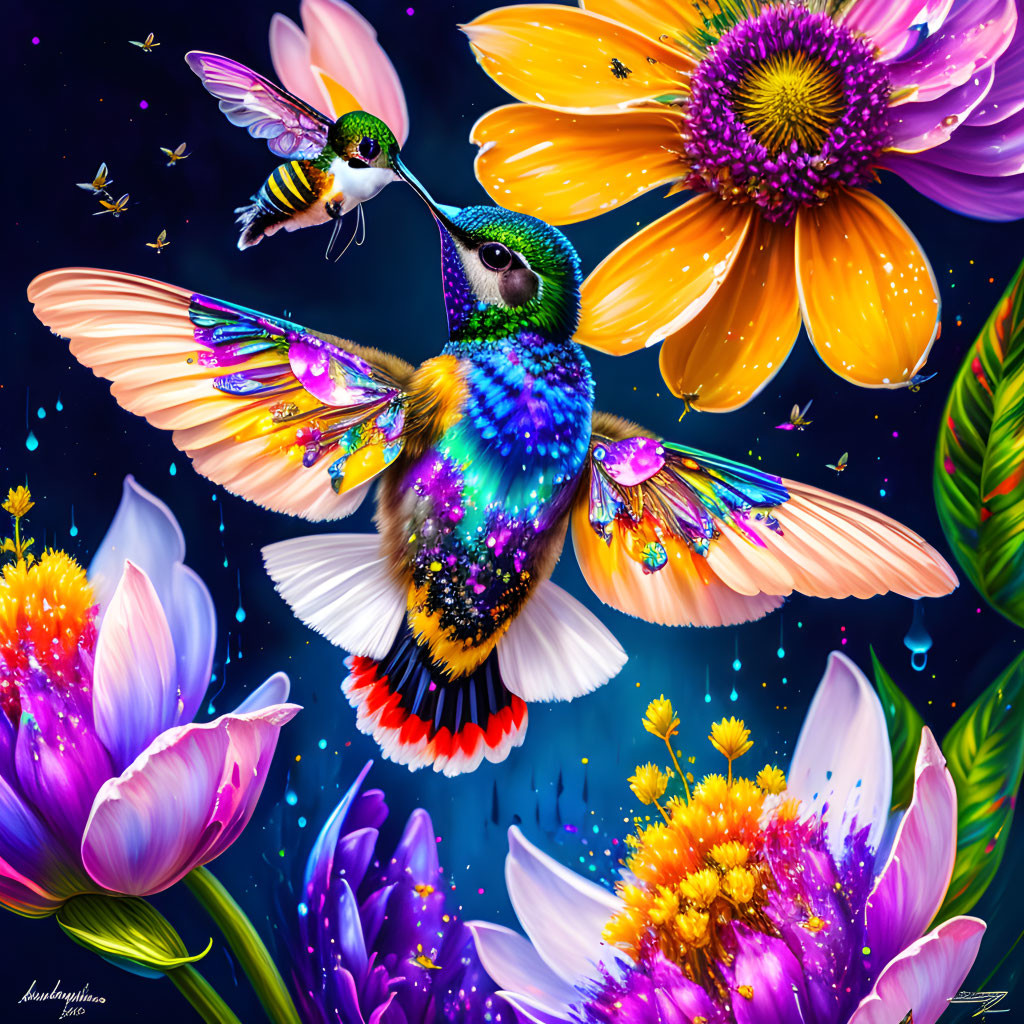 Colorful digital artwork: Hummingbird, bee, flowers, starry background