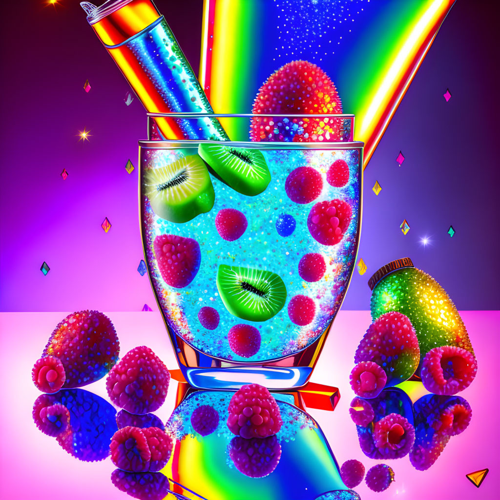 Colorful digital artwork: Glass with blue drink, kiwi, raspberries, lights, and berries