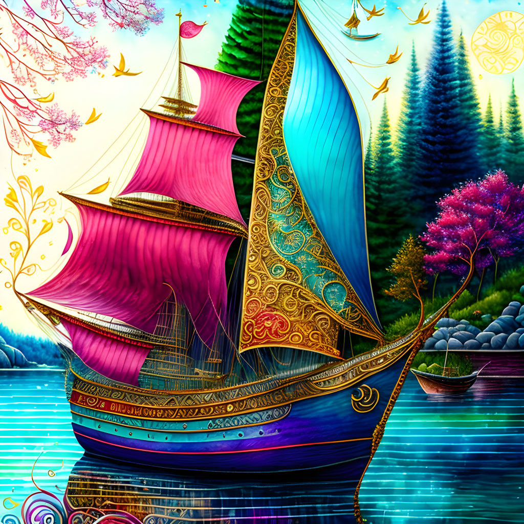 Colorful ornate ship with pink and blue sails on tranquil lake surrounded by whimsical trees and clear