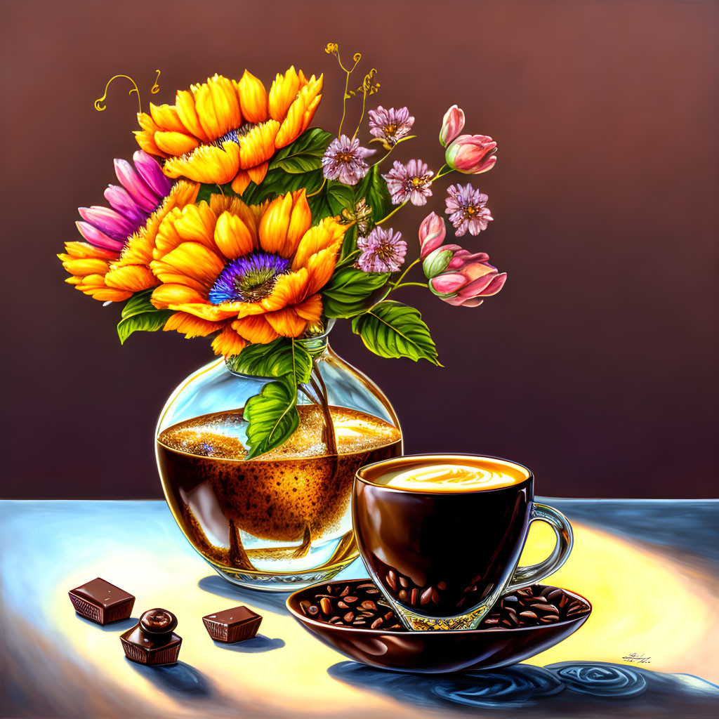 Colorful Still Life: Yellow and Pink Flowers, Coffee, Chocolate Pieces