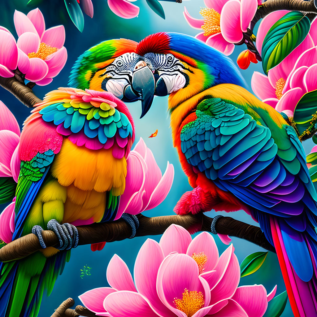 Colorful parrots on branch with pink flowers and greenery, one whispering to other