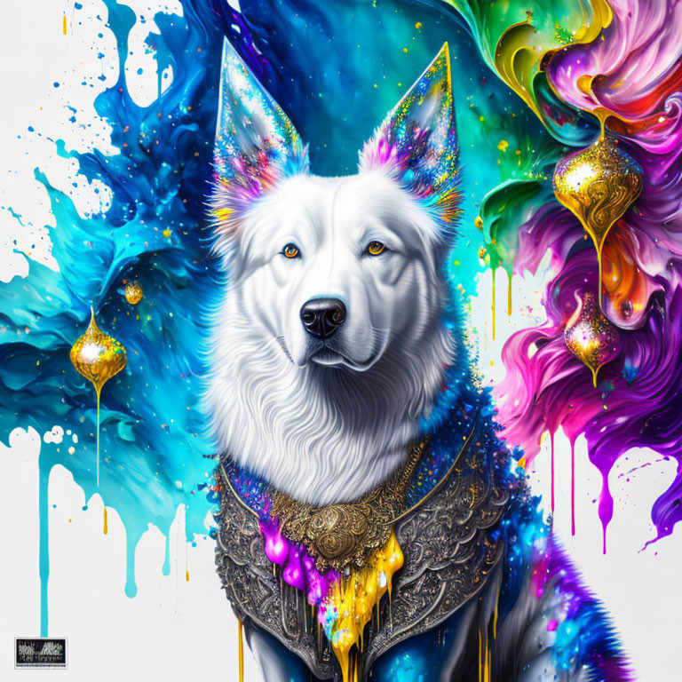 Digital Art: White Dog in Ornate Regalia Amid Colorful Swirls