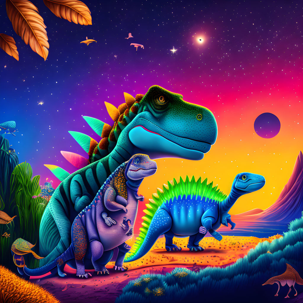 Colorful Cartoon Dinosaurs in Vibrant Sunset Scene