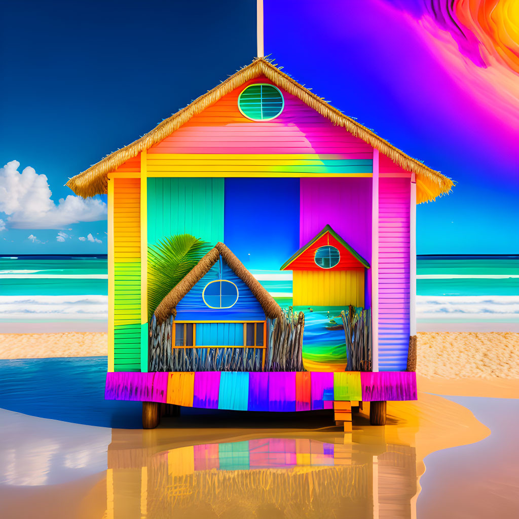 Multicolored beach house with thatched roof on sandy shore against surreal sky