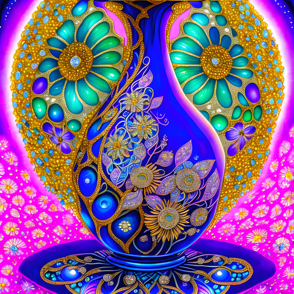 Symmetrical floral and paisley digital artwork in blue, gold, and pink hues