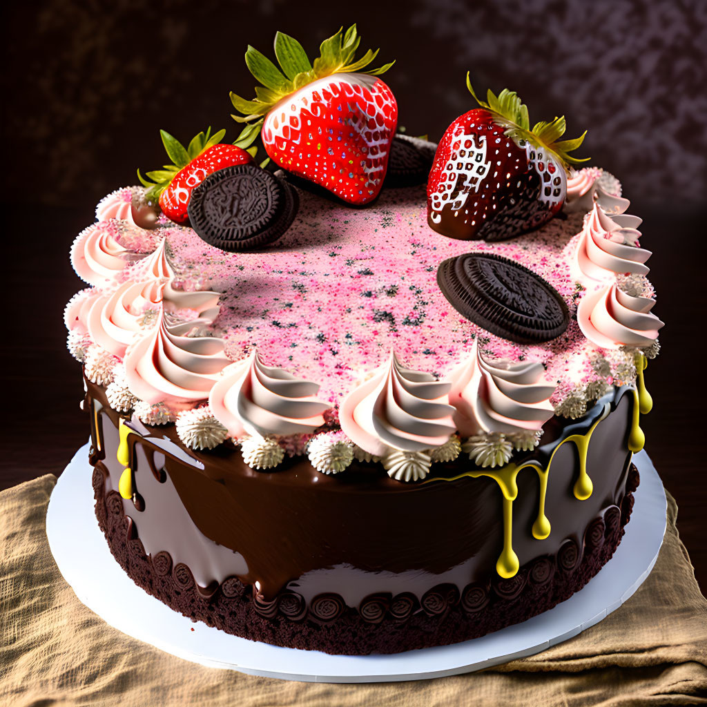 Chocolate Ganache Cake with Pink Whipped Cream, Oreos, and Strawberries