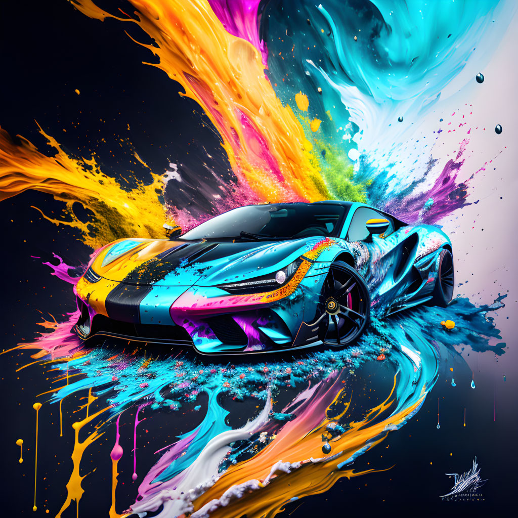 Colorful Paint Streaks on Vibrant Sports Car Against Black Background