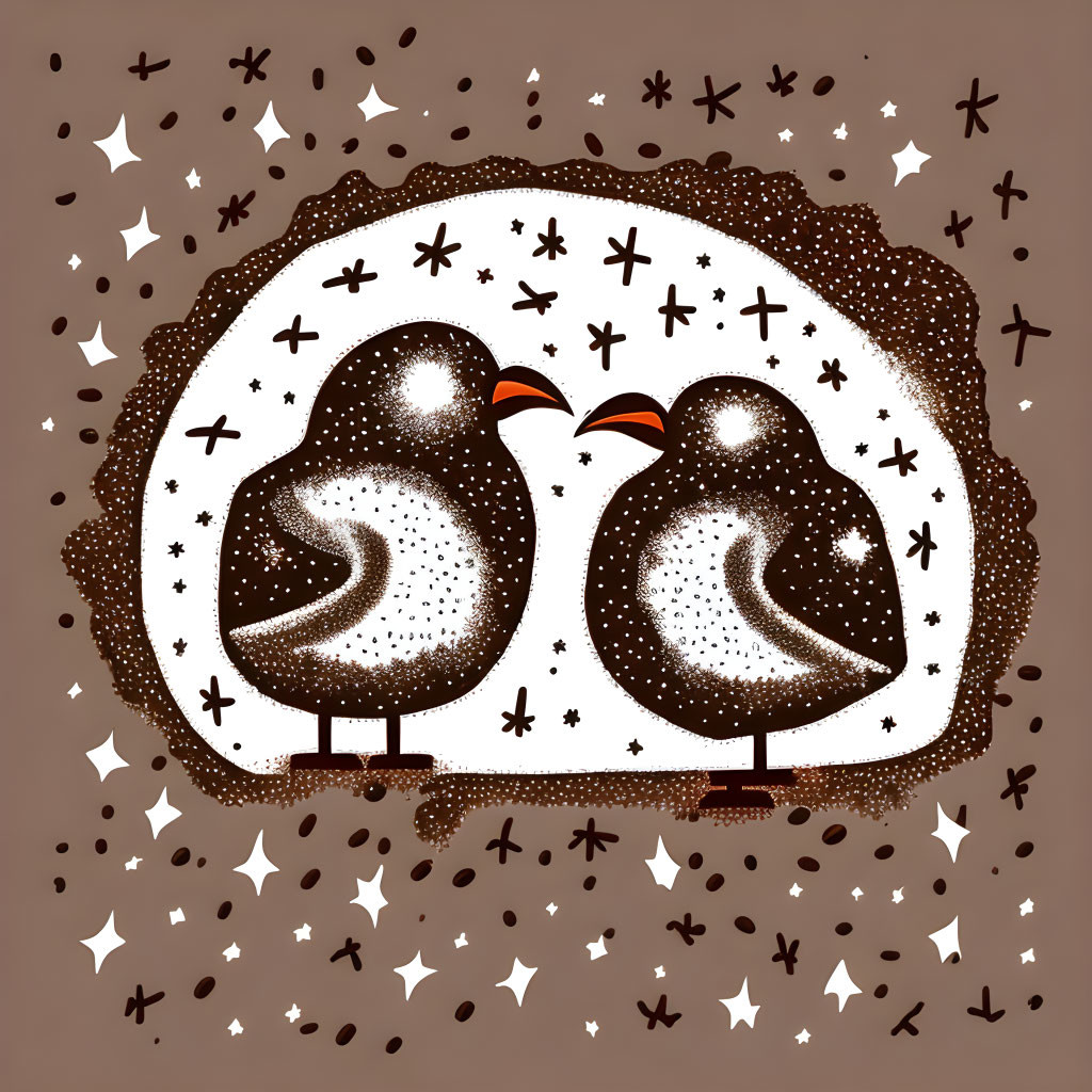 Stylized birds on coffee-bean background with stars and flowers