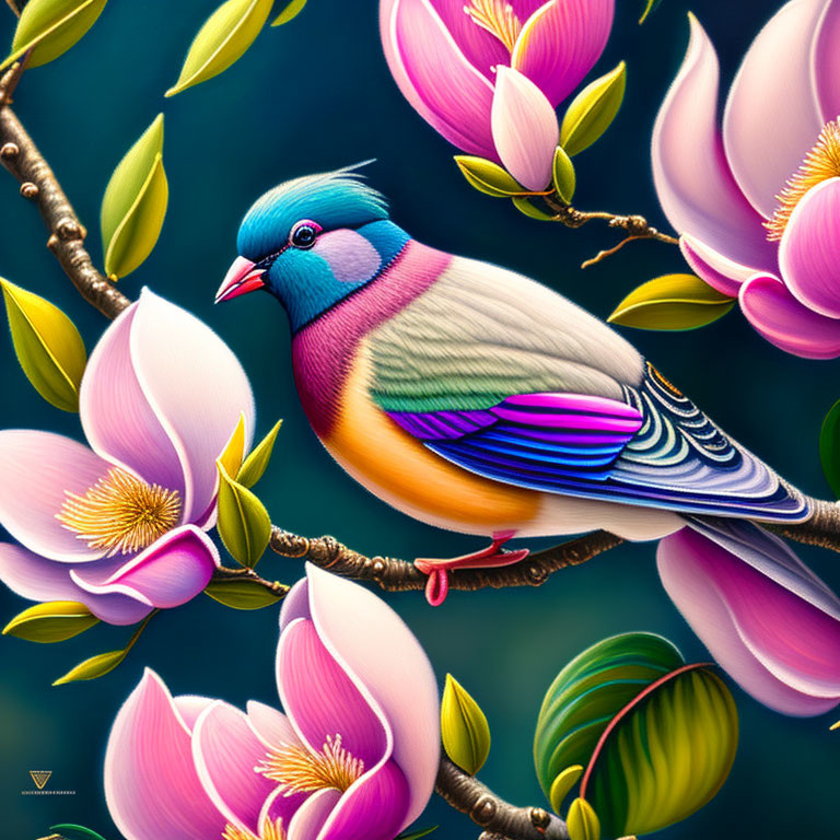 Colorful Bird Perched on Branch Among Pink Magnolias