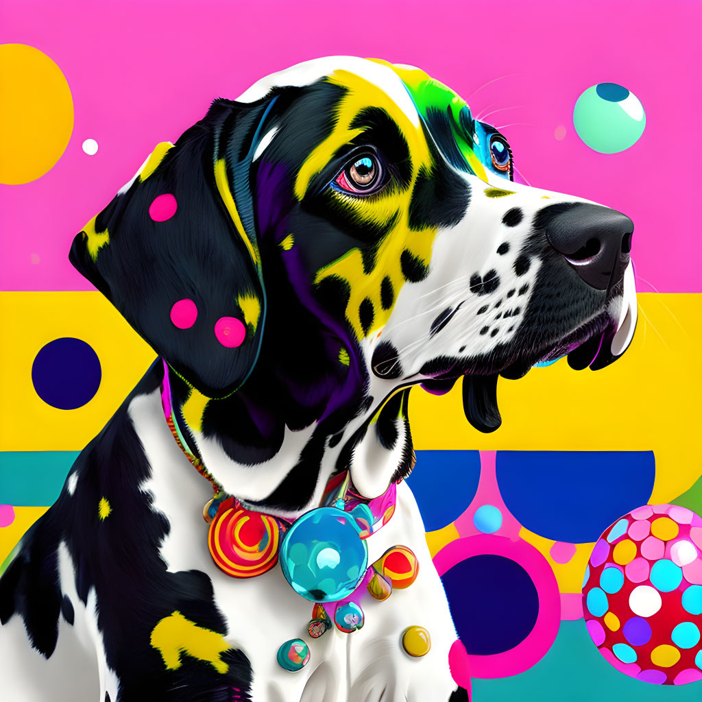 Colorful Dalmatian digital art with beaded necklace on vibrant background