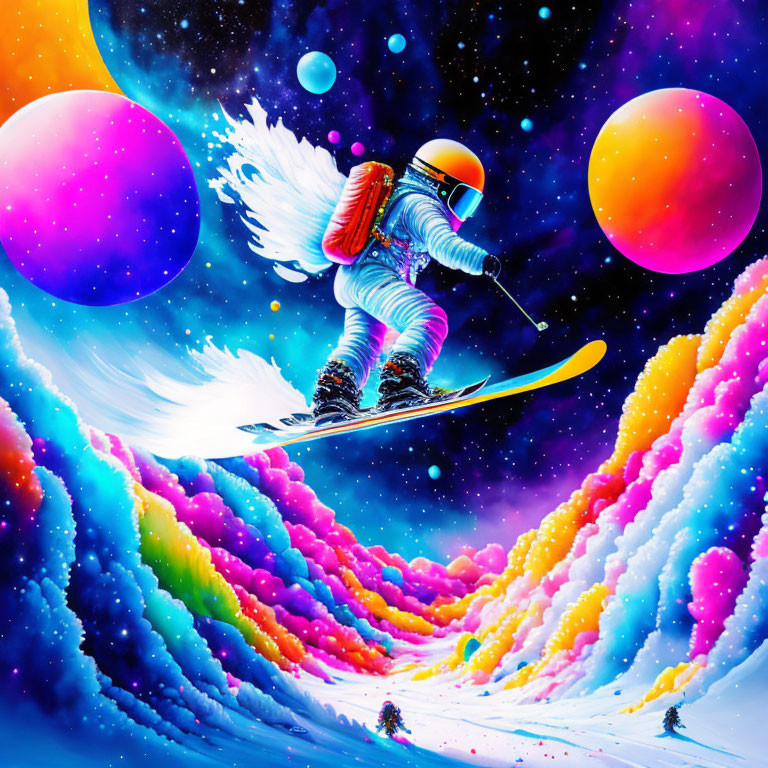 Astronaut snowboarding in vibrant psychedelic space-scape