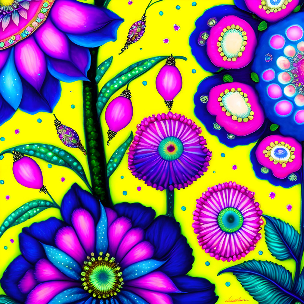 Colorful psychedelic floral art on neon yellow background