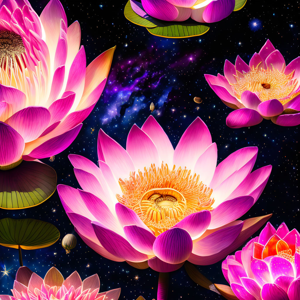 Pink Lotus Flowers Blooming in Cosmic Starry Scene