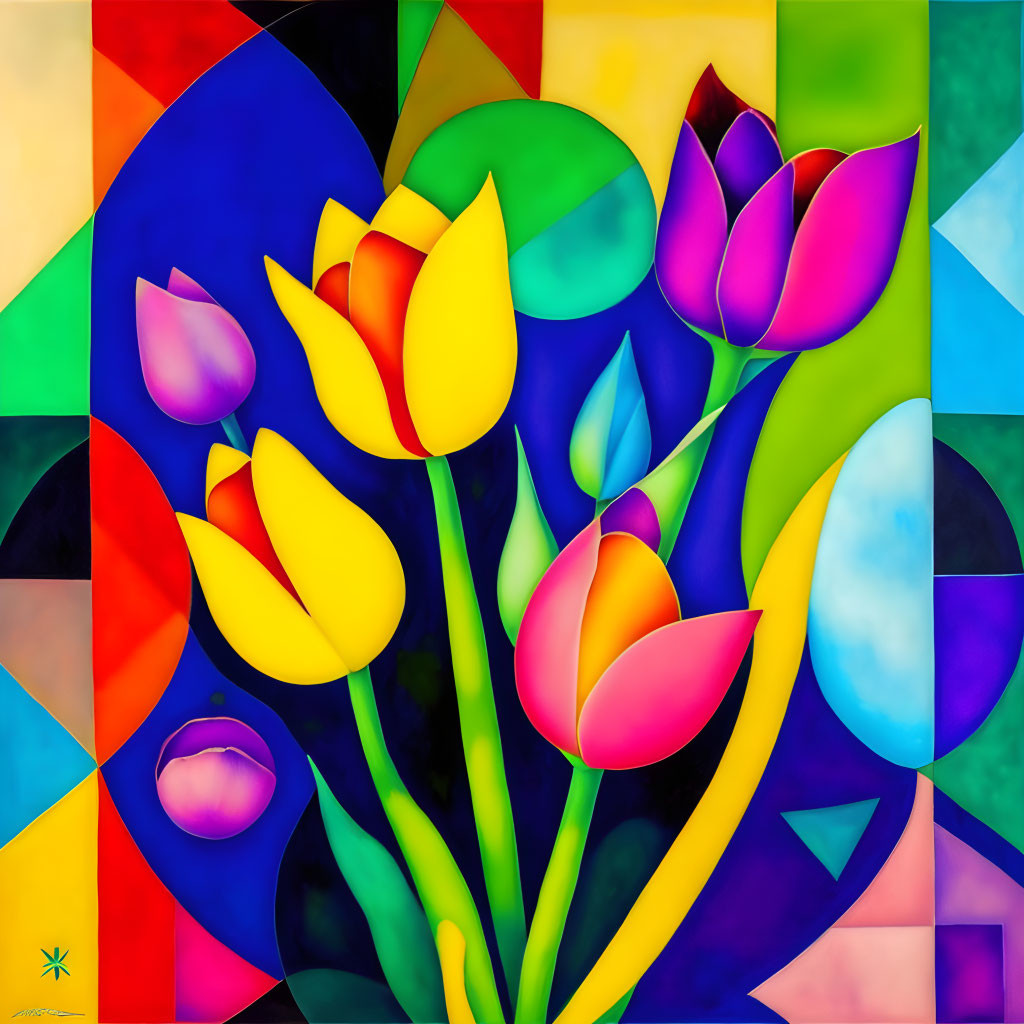 Vibrant abstract painting of stylized tulips with geometric patterns in blue, yellow, purple,