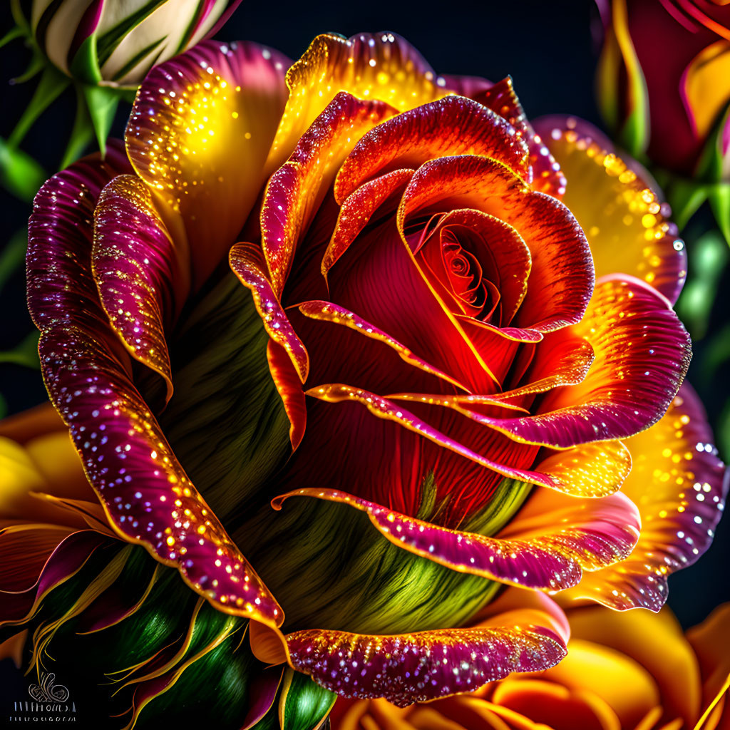 Vibrant multi-colored rose with dew droplets on petals