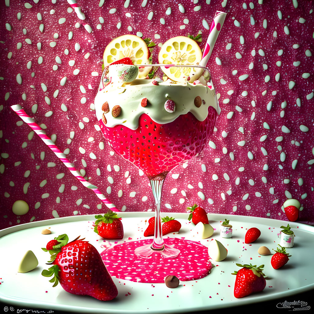 Strawberry-themed dessert illustration with toppings on dotted background