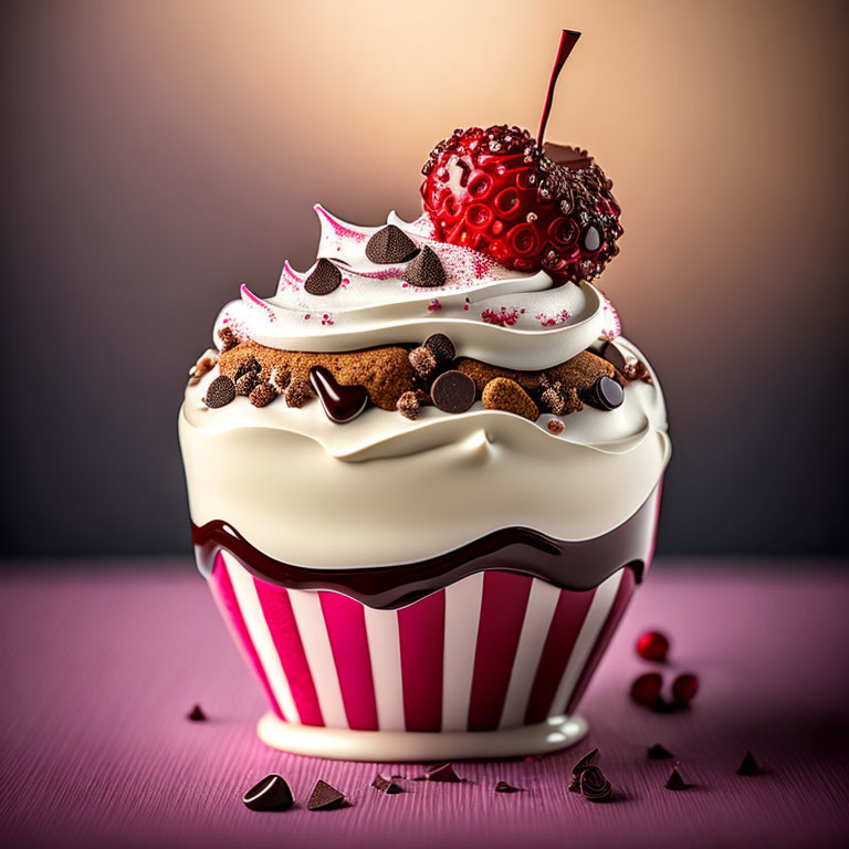 Delicious cupcake with white frosting, chocolate drizzle, cherry, and shavings on purple surface