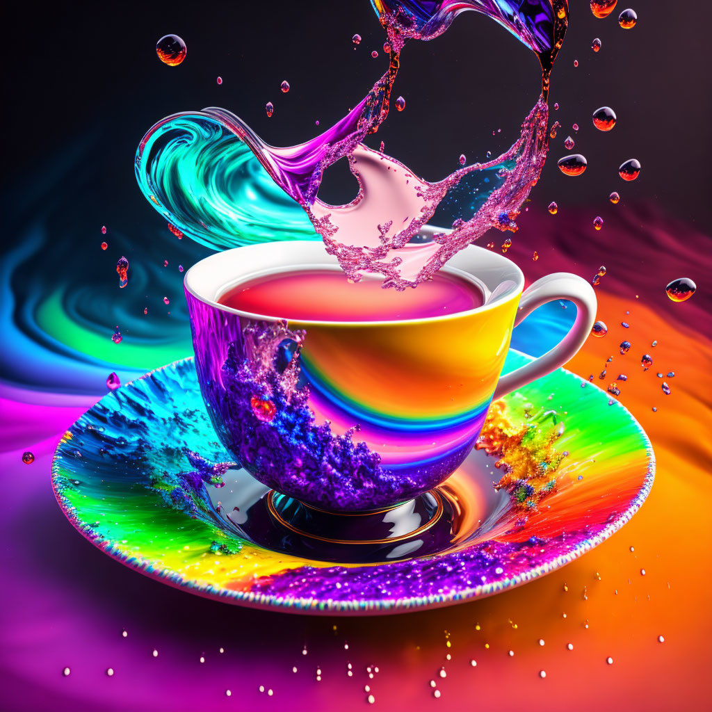 Colorful cup and saucer with swirling liquid on vibrant backdrop