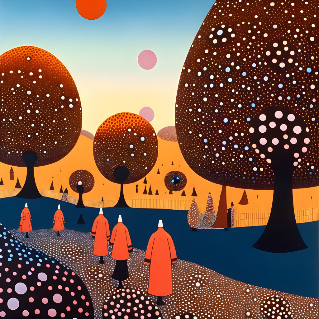 Colorful artwork: figures in orange robes under dotted trees with oversized canopies, hills, and floating