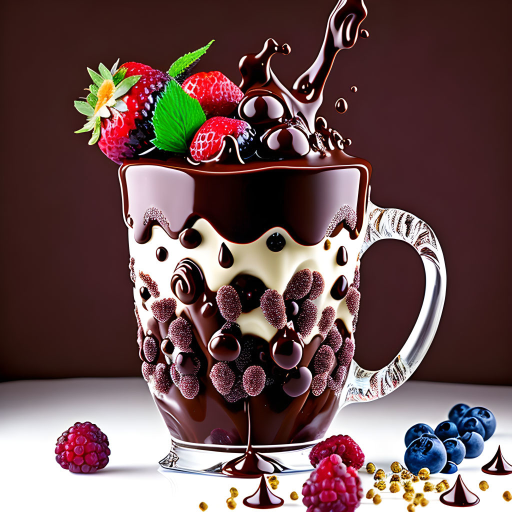 Decadent cup with chocolate, berries, splash, gold beads