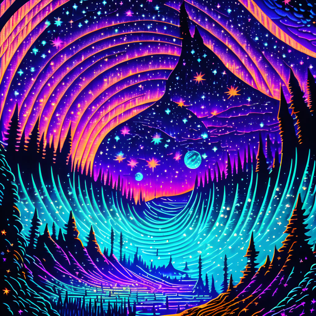 Psychedelic mountain landscape with wolf silhouette under star-filled sky