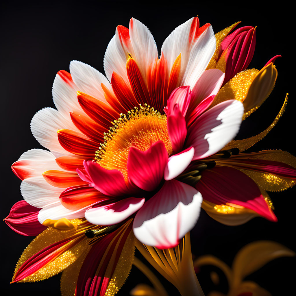 Vibrant digital art: red and white flower with fiery yellow center on dark background