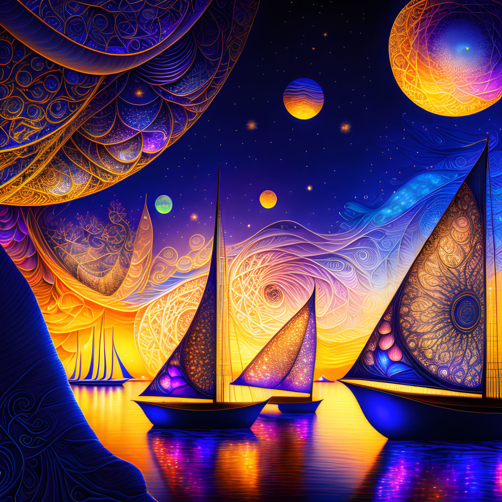 Colorful surreal artwork: boats under starry sky