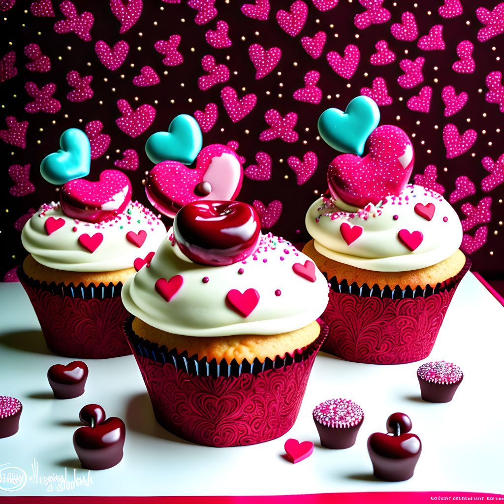 Valentine's Day cupcakes with heart decorations and sprinkles on heart backdrop