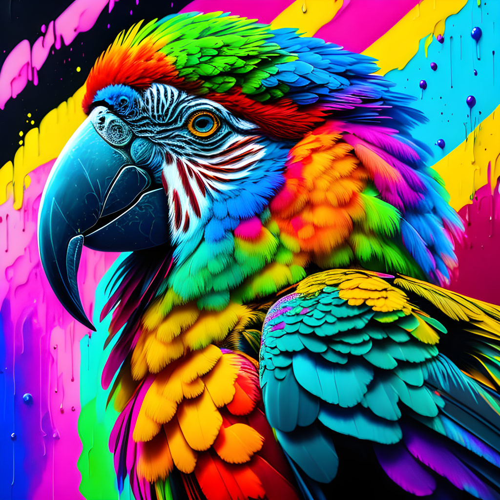 Colorful Macaw Image Against Dripping Paint Backdrop