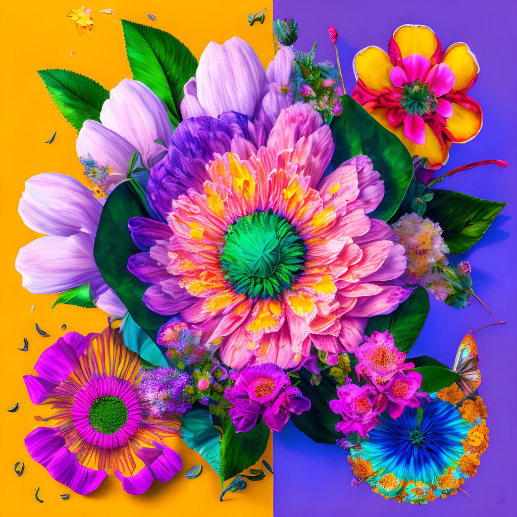 Colorful Oversized Flowers and Butterflies on Dual-tone Background