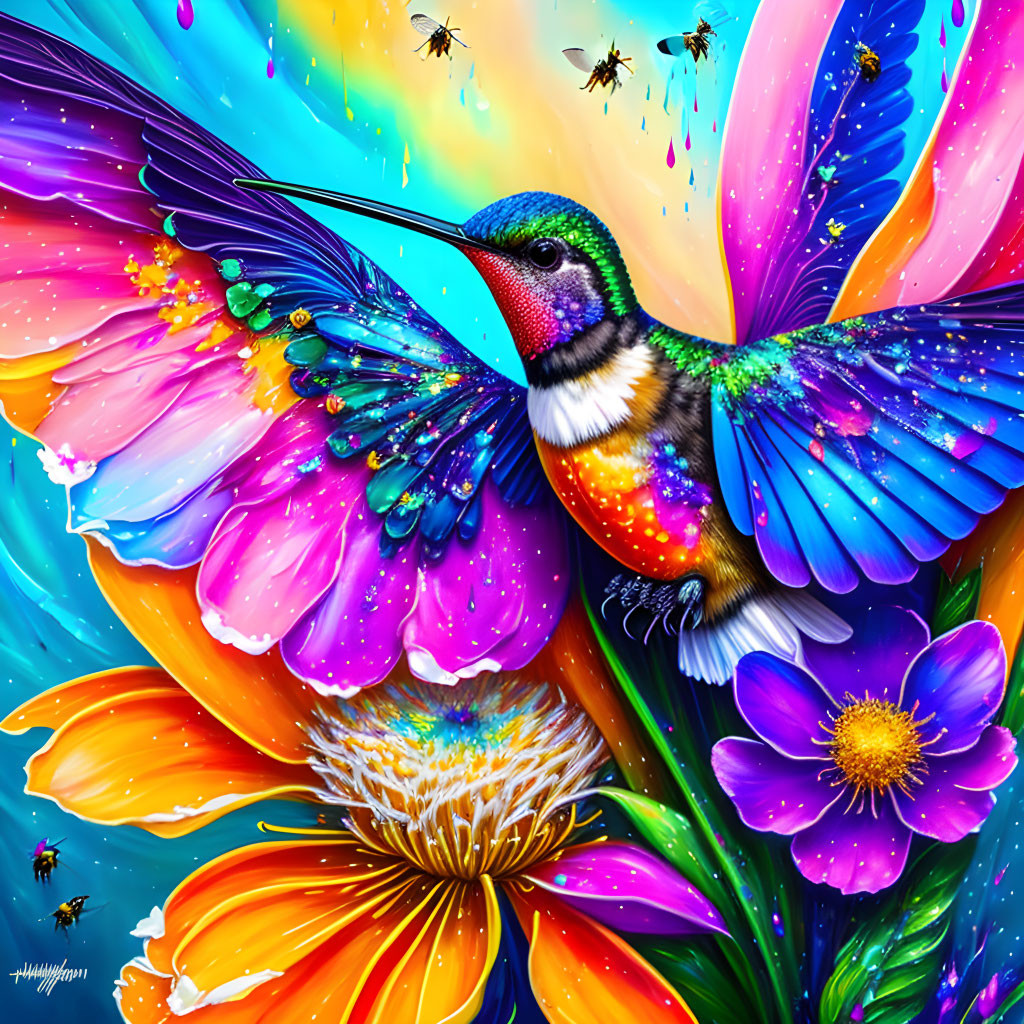 Colorful hummingbird digital art with iridescent wings hovering above vibrant flowers.