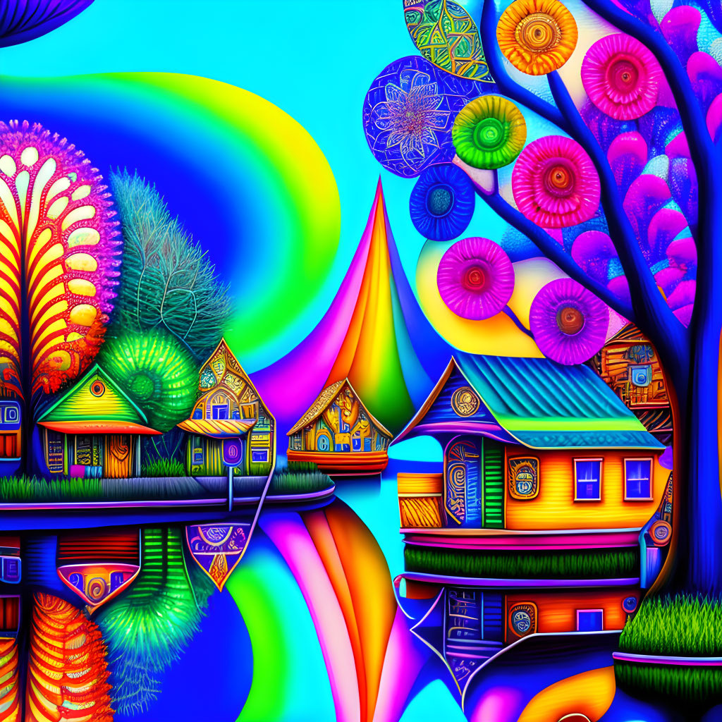 Colorful Psychedelic Image with Whimsical Houses and Trees