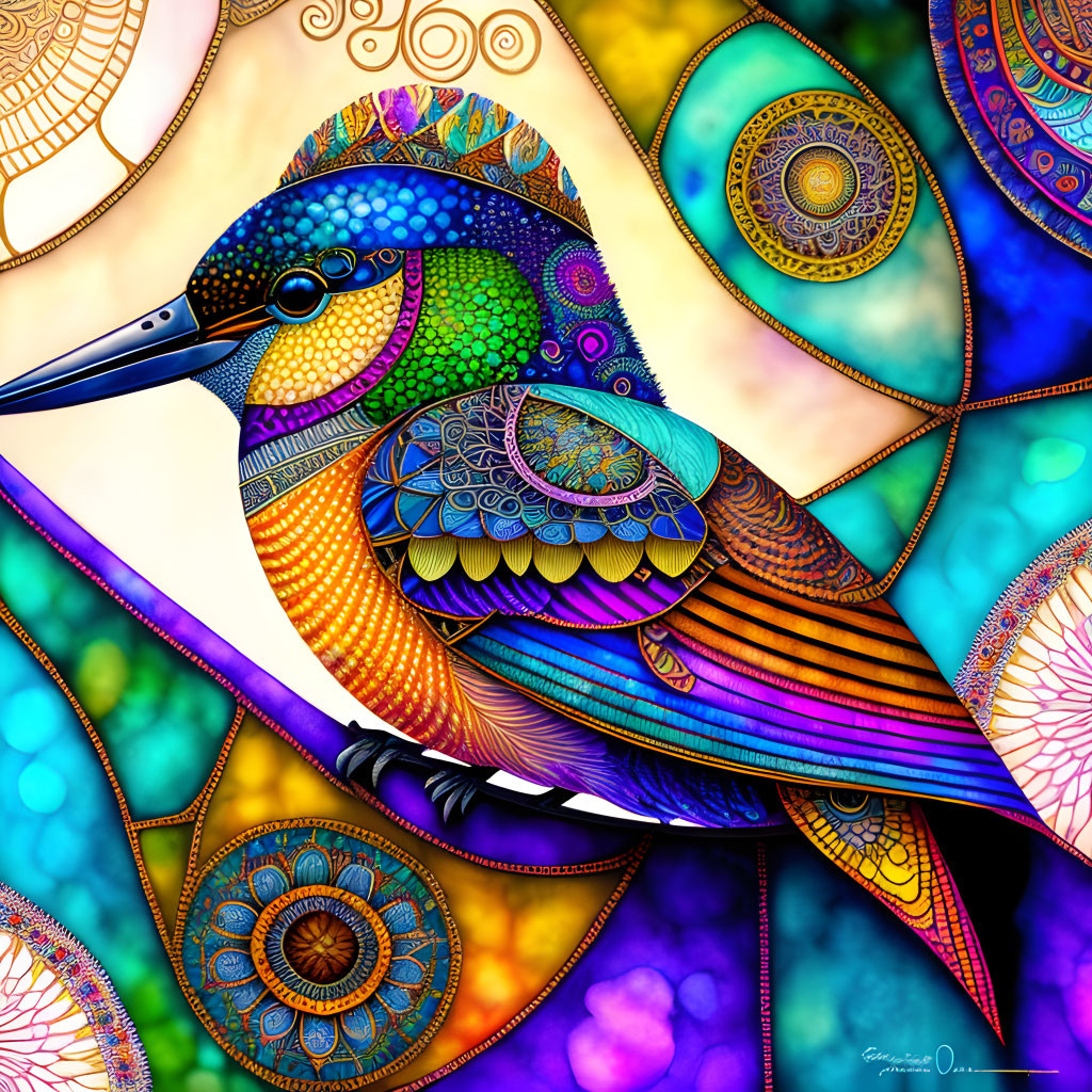 Colorful Stylized Hummingbird Illustration with Mandala Background