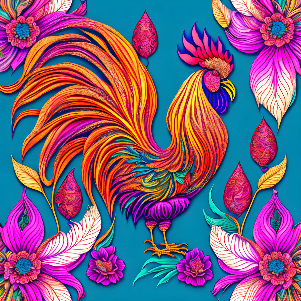 Colorful Stylized Rooster with Ornate Flowers on Blue Background