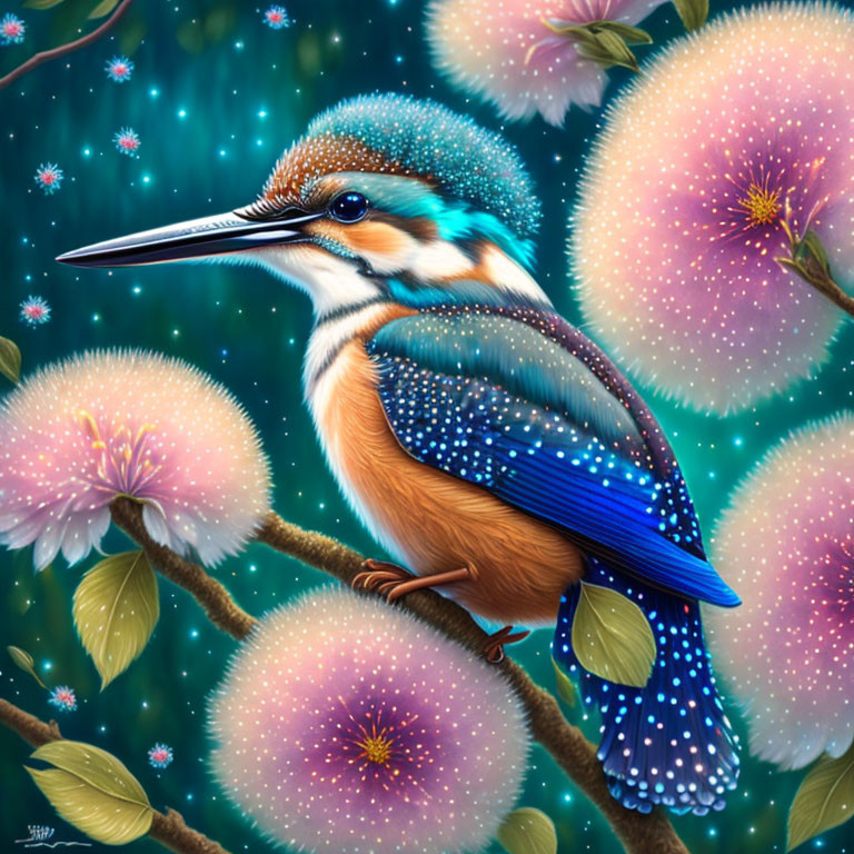 Colorful kingfisher illustration on branch with pink flowers and star background