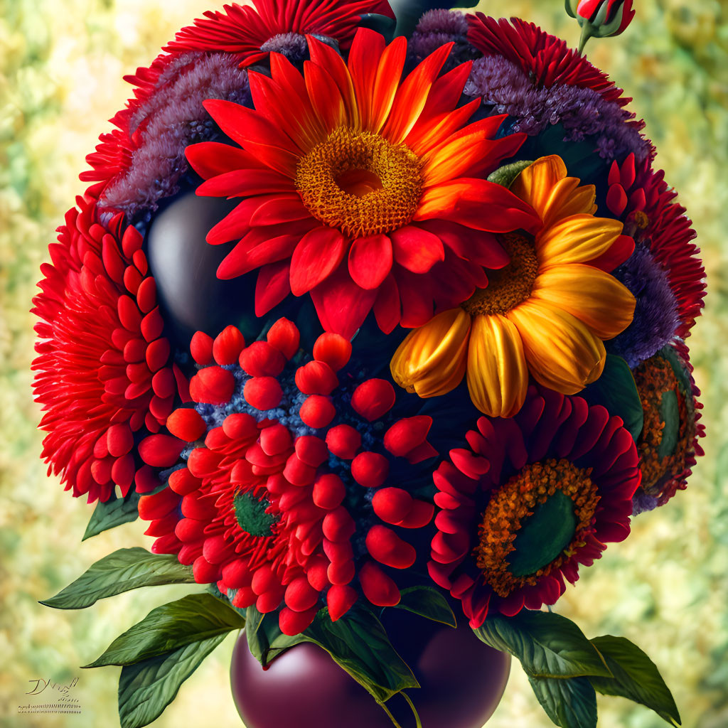 Colorful Bouquet with Sunflowers, Gerberas, Purple Accents