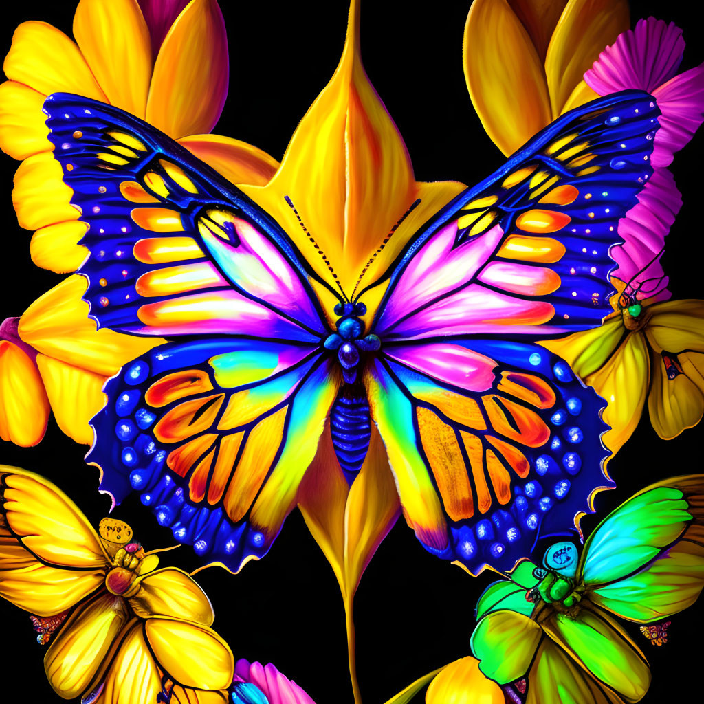 Colorful Butterfly Artwork with Yellow Flowers & Small Butterflies