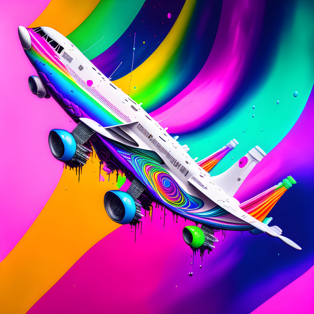 Surreal rainbow-colored commercial airplane distortion art